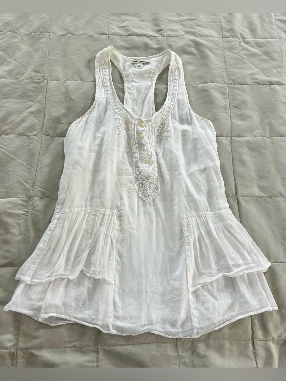 Banana Republic White Cotton Voile Peplum Tank, Embroidered Racerback, X-Small